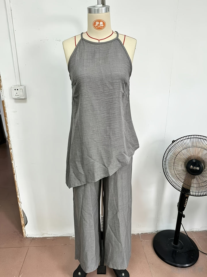 New Cross-Border Women's Fashion: Elegant Minimalist Backless Solid Color Top + Wide-Leg Pants 2pcs Set