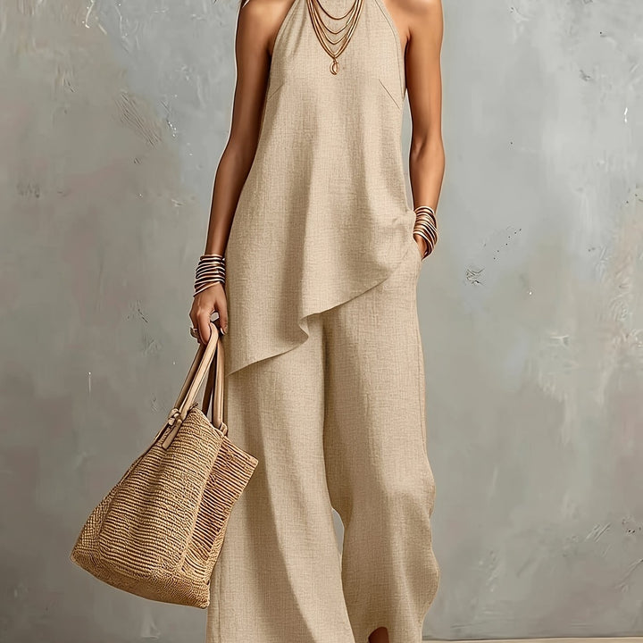 New Cross-Border Women's Fashion: Elegant Minimalist Backless Solid Color Top + Wide-Leg Pants 2pcs Set