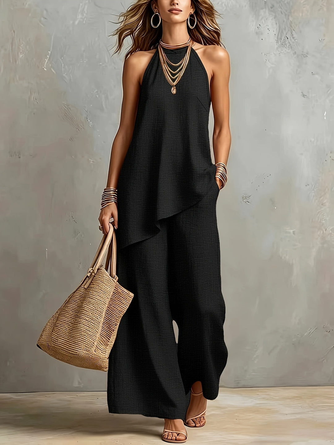 New Cross-Border Women's Fashion: Elegant Minimalist Backless Solid Color Top + Wide-Leg Pants 2pcs Set