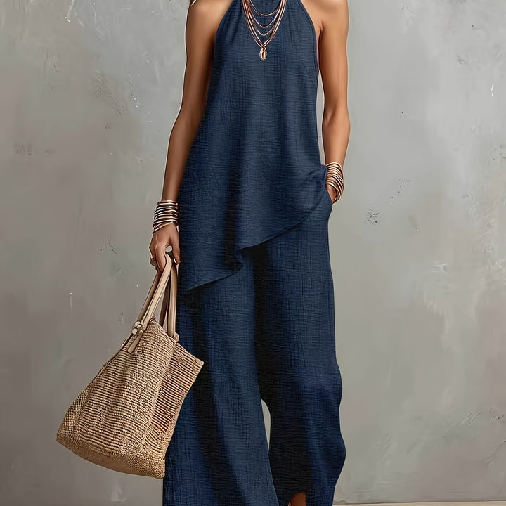New Cross-Border Women's Fashion: Elegant Minimalist Backless Solid Color Top + Wide-Leg Pants 2pcs Set