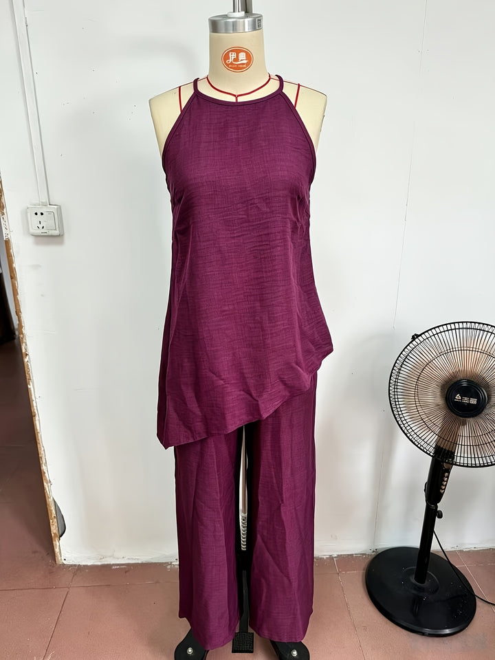 New Cross-Border Women's Fashion: Elegant Minimalist Backless Solid Color Top + Wide-Leg Pants 2pcs Set