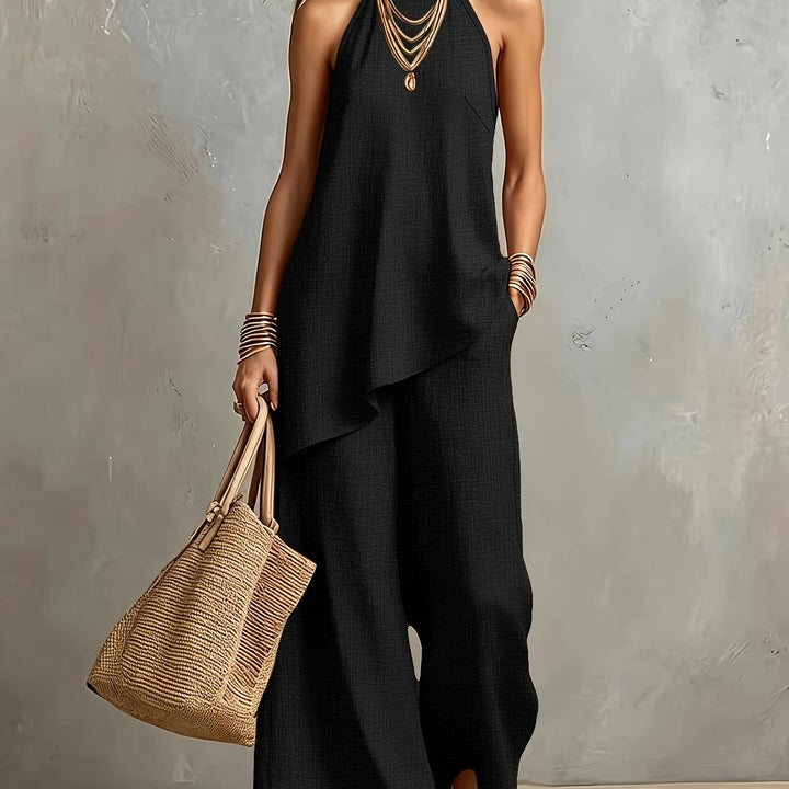 New Cross-Border Women's Fashion: Elegant Minimalist Backless Solid Color Top + Wide-Leg Pants 2pcs Set