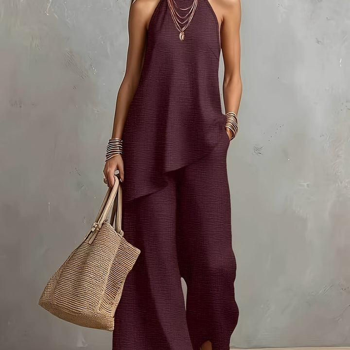 New Cross-Border Women's Fashion: Elegant Minimalist Backless Solid Color Top + Wide-Leg Pants 2pcs Set