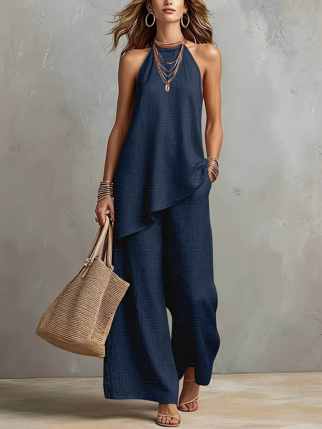 New Cross-Border Women's Fashion: Elegant Minimalist Backless Solid Color Top + Wide-Leg Pants 2pcs Set