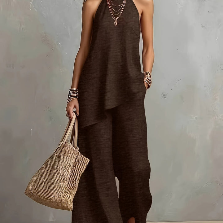 New Cross-Border Women's Fashion: Elegant Minimalist Backless Solid Color Top + Wide-Leg Pants 2pcs Set