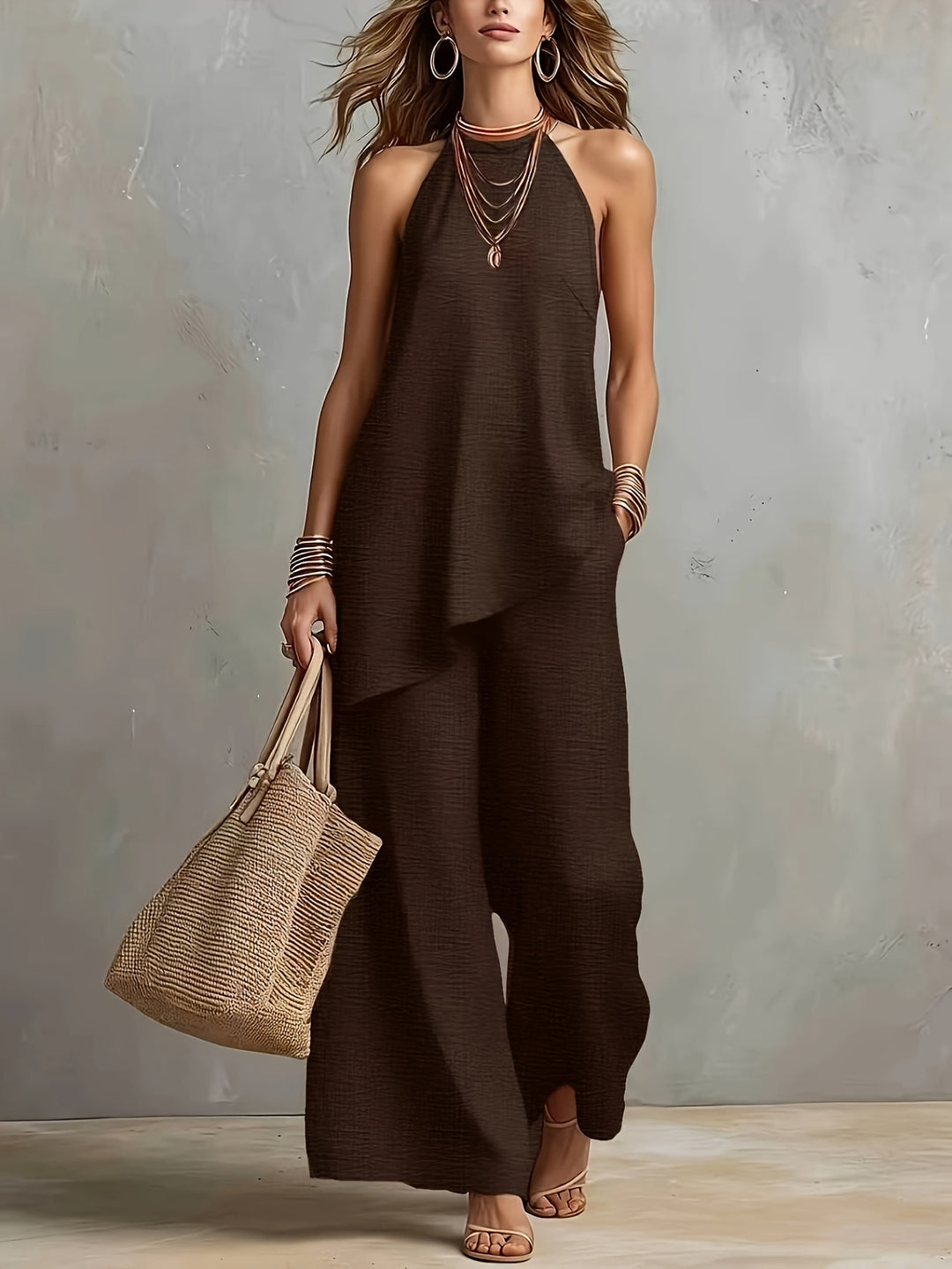 New Cross-Border Women's Fashion: Elegant Minimalist Backless Solid Color Top + Wide-Leg Pants 2pcs Set