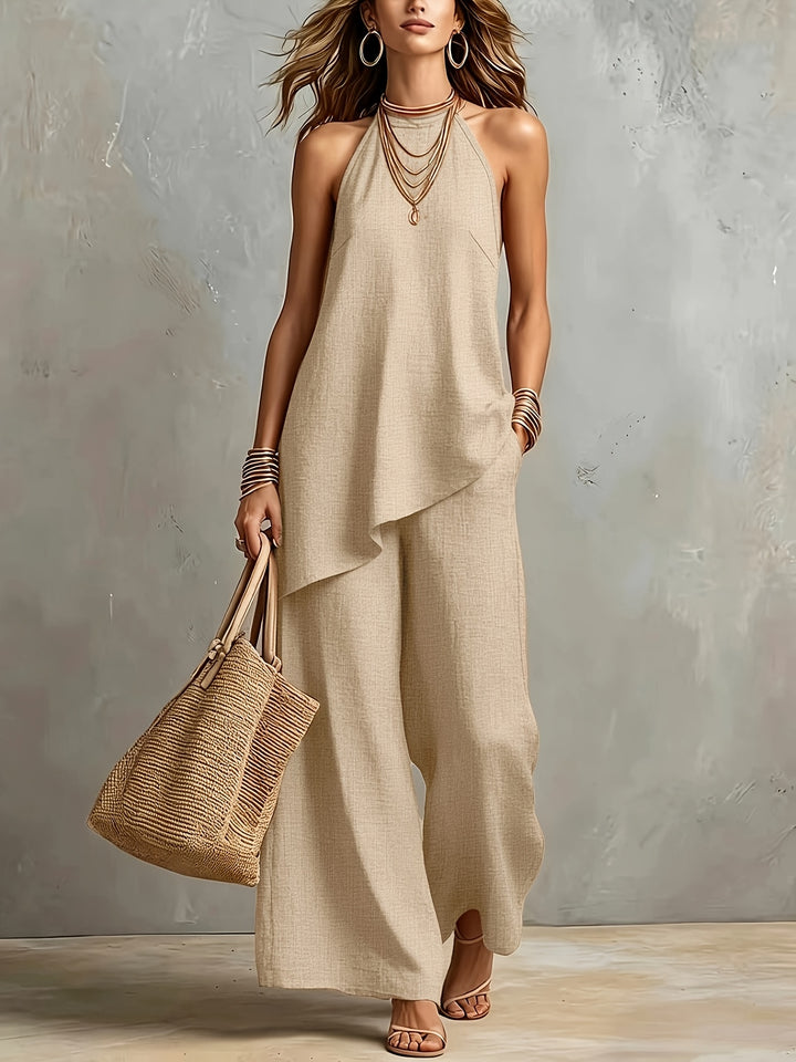 New Cross-Border Women's Fashion: Elegant Minimalist Backless Solid Color Top + Wide-Leg Pants 2pcs Set