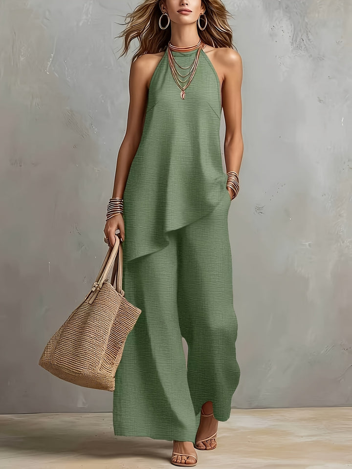 New Cross-Border Women's Fashion: Elegant Minimalist Backless Solid Color Top + Wide-Leg Pants 2pcs Set