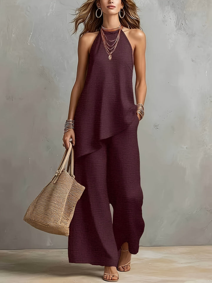 New Cross-Border Women's Fashion: Elegant Minimalist Backless Solid Color Top + Wide-Leg Pants 2pcs Set